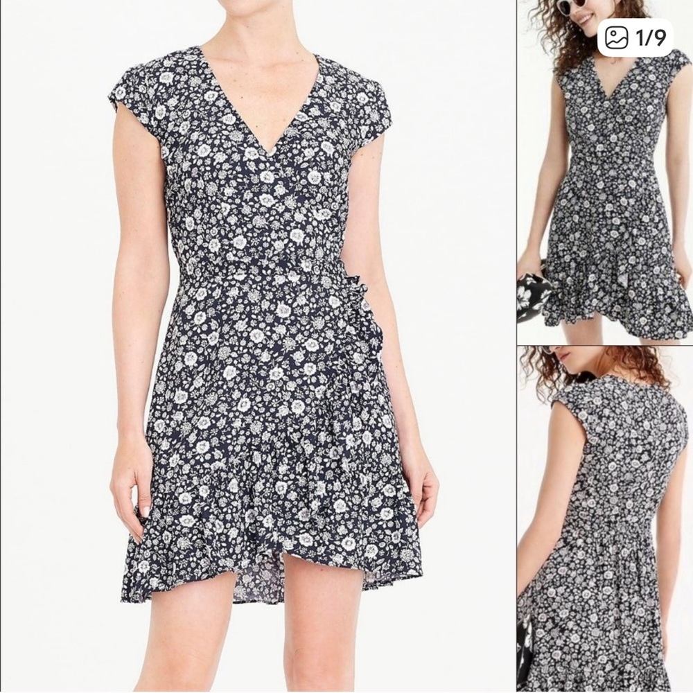 J. Crew Mercantile Navy Floral Faux-Wrap Ruffle Hem Mini Dress Size 8